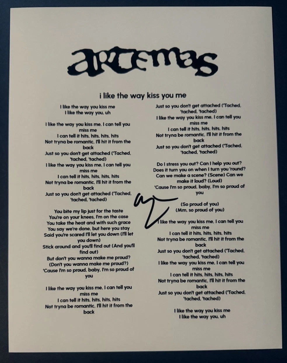 ARTEMAS SIGNED LYRIC SHEET SINGER I LIKE THE WAY YOU KISS ME AUTOGRAPH COA