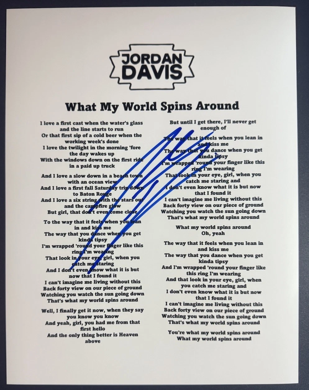 JORDAN DAVIS SIGNED LYRIC SHEET COUNTRY WHAT MY WORLD SPINS AROUND AUTOGRAPH COA