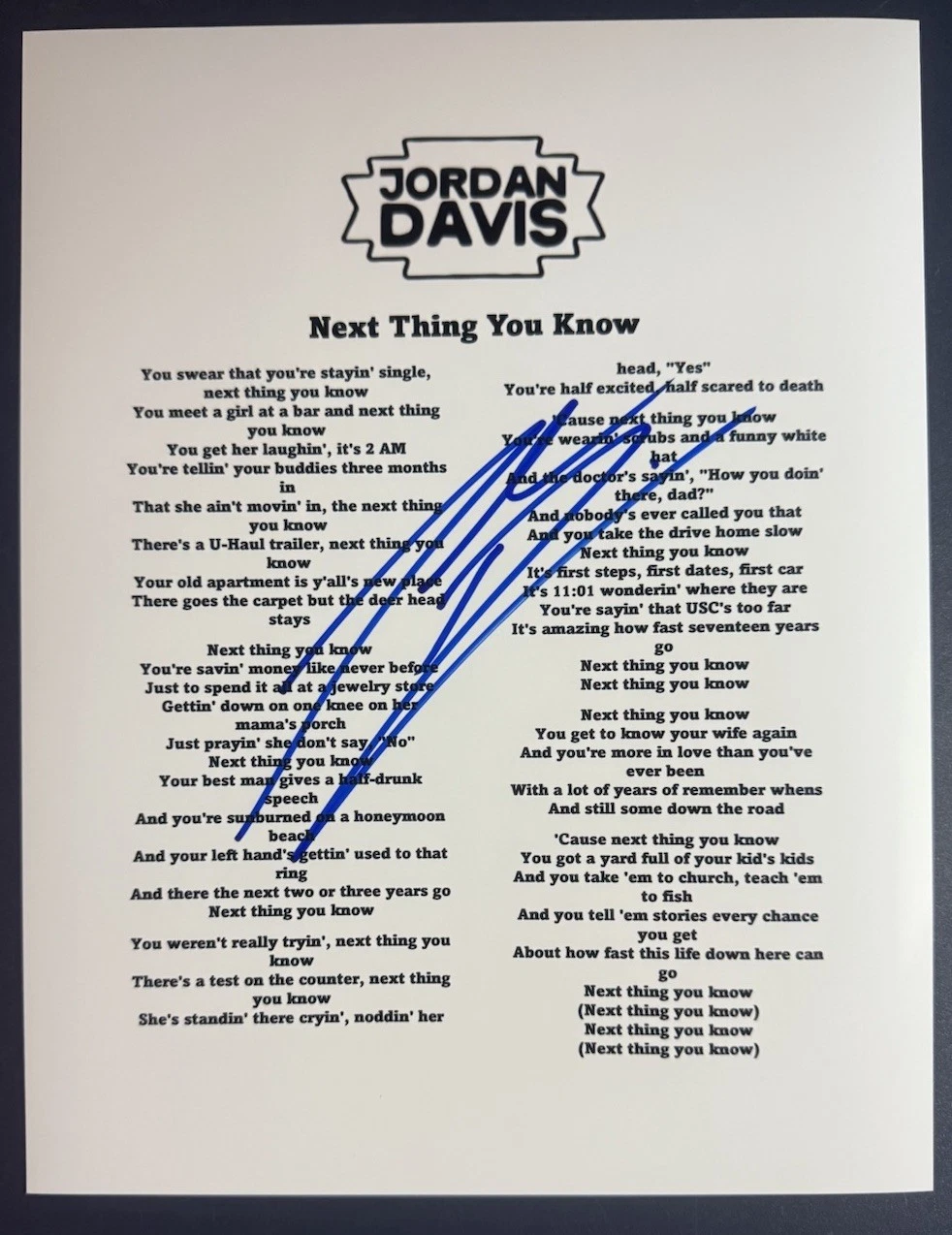 JORDAN DAVIS SIGNED LYRIC SHEET COUNTRY NEXT THING YOU KNOW AUTOGRAPH COA