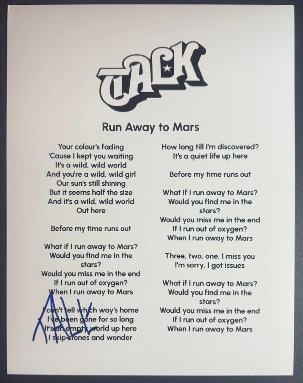 TALK SIGNED LYRIC SHEET SINGER RUN AWAY TO MARS NICHOLAS DUROCHER AUTOGRAPH COA COLLECTIBLE MEMORABILIA