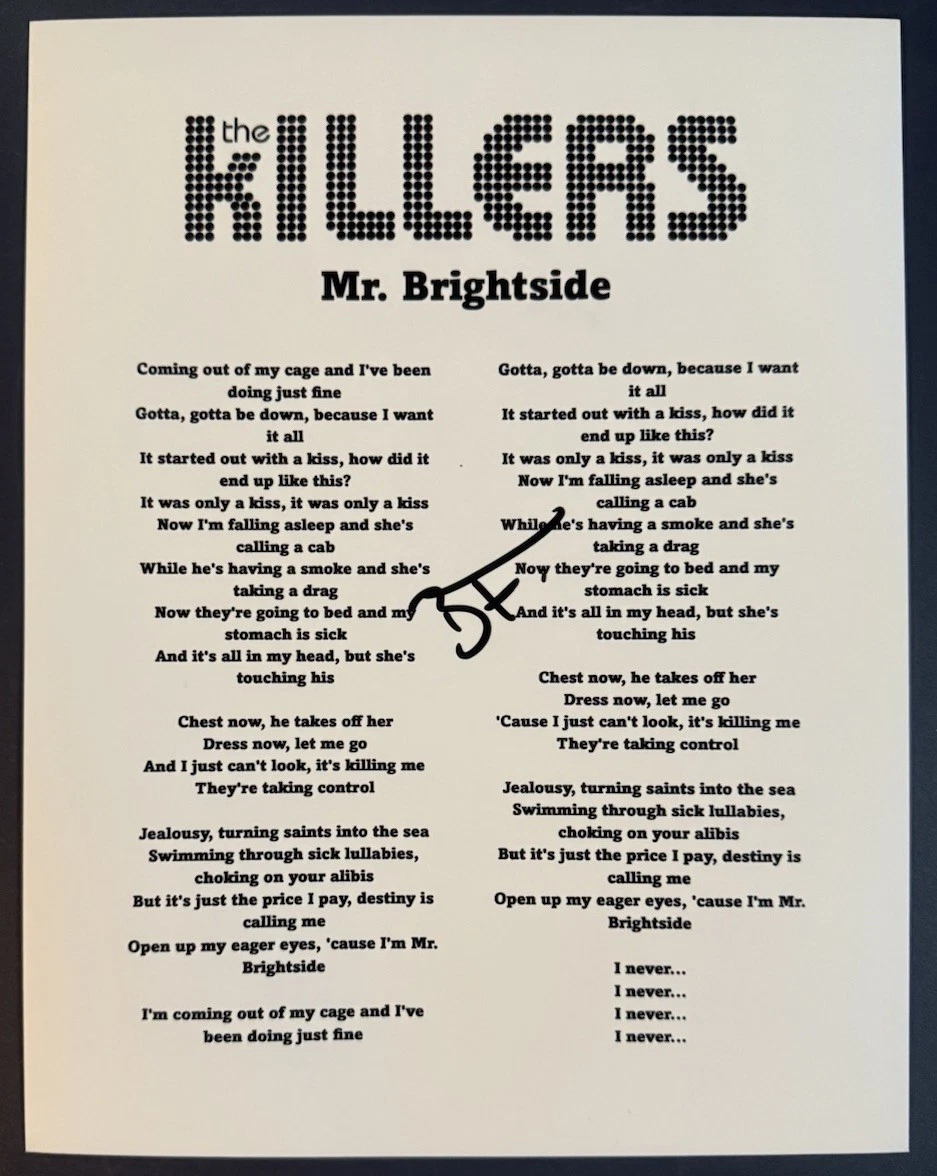 BRANDON FLOWERS SIGNED LYRIC SHEET KILLERS SINGER MR. BRIGHTSIDE AUTOGRAPH COA COLLECTIBLE MEMORABILIA