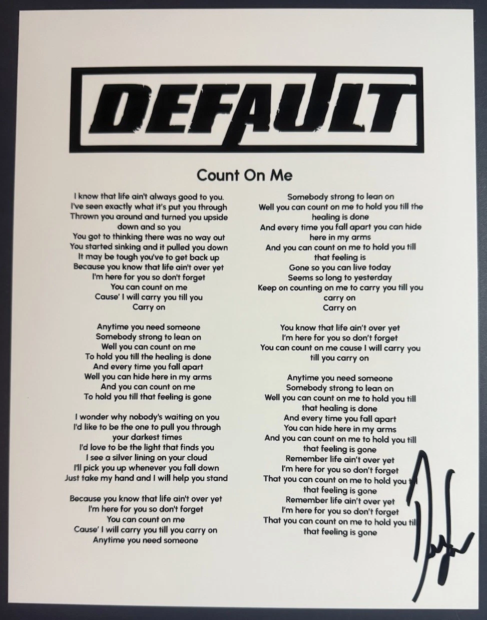 DALLAS SMITH SIGNED LYRIC SHEET DEFAULT SINGER AUTOGRAPH COUNT ON ME COA