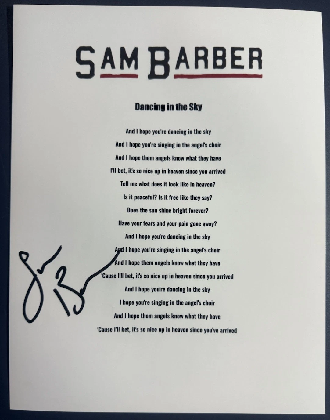 SAM BARBER SIGNED LYRIC SHEET DANCING IN THE SKY COUNTRY SINGER AUTOGRAPH COA