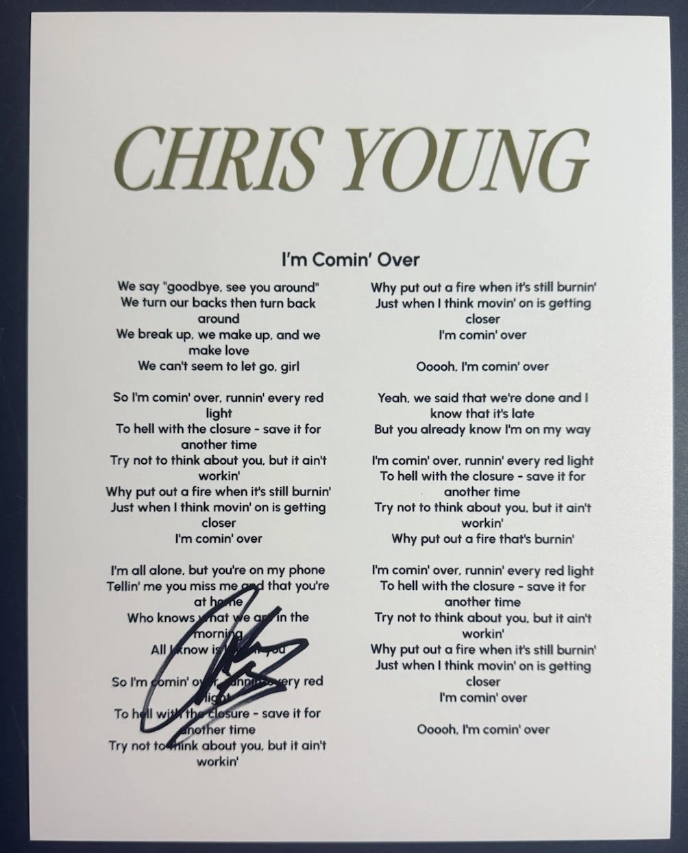 CHRIS YOUNG SIGNED LYRIC SHEET I’M COMIN’ OVER AUTHENTIC AUTOGRAPH COUNTRY COA