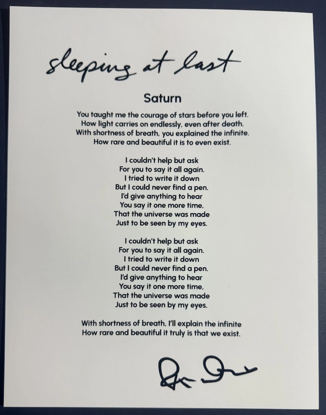 SLEEPING AT LAST SIGNED LYRIC SHEET SATURN RYAN O’NEAL AUTOGRAPH AUTHENTIC COA