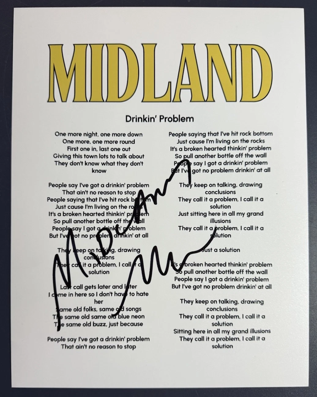 MARK WYSTRACH SIGNED LYRIC SHEET COUNTRY DRINKIN’ PROBLEM MIDLAND AUTOGRAPH COA