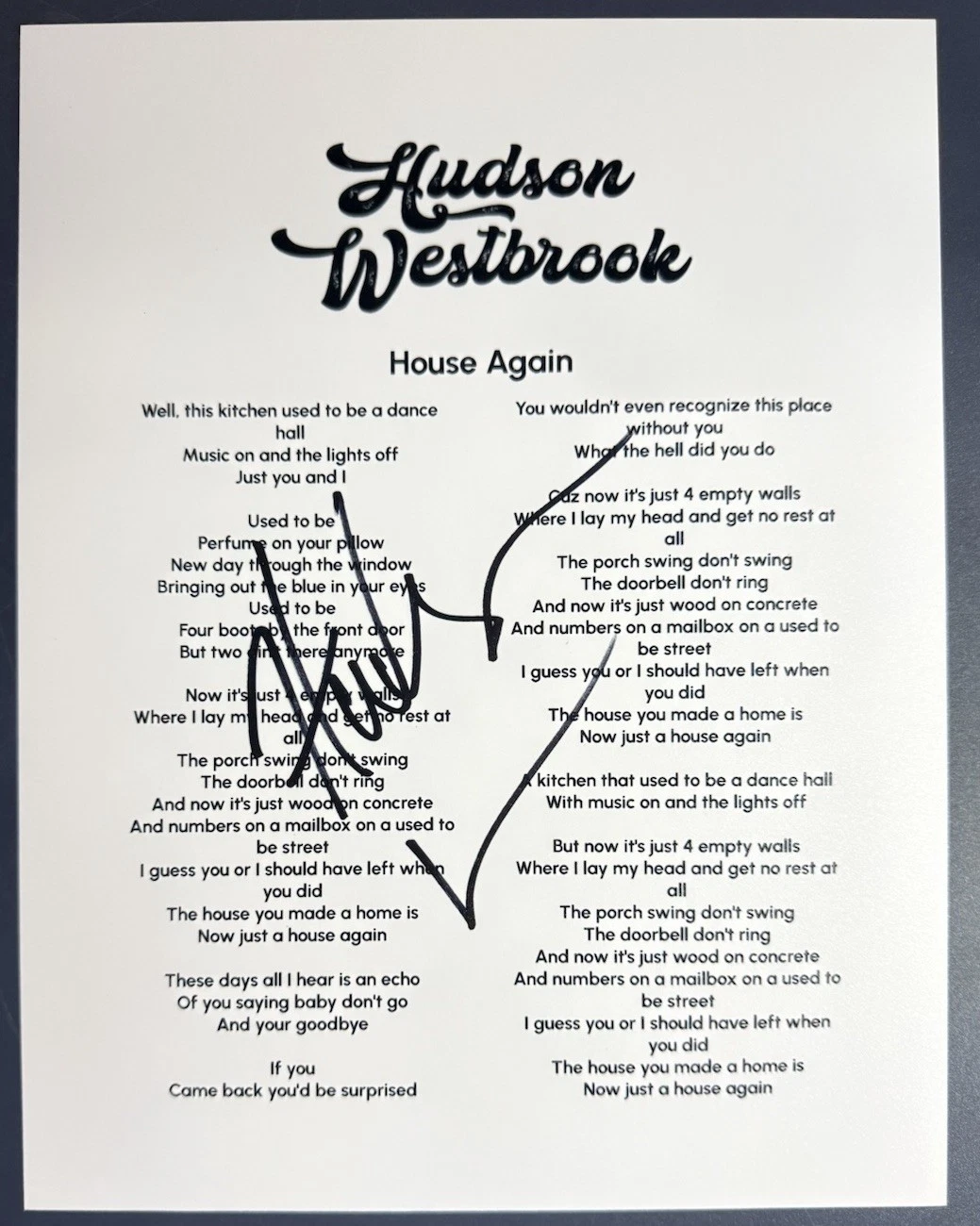 HUDSON WESTBROOK SIGNED HOUSE AGAIN LYRIC SHEET AUTOGRAPH AUTHENTIC COA