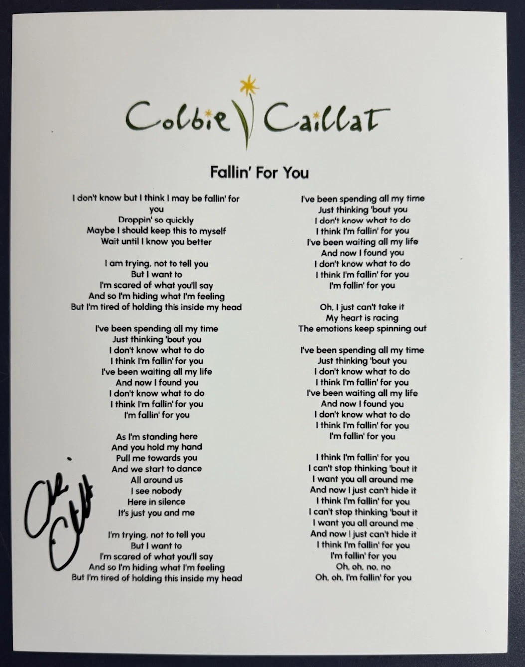 COLBIE CAILLAT SIGNED FALLIN’ FOR YOU LYRIC SHEET AUTOGRAPH AUTHENTIC COA