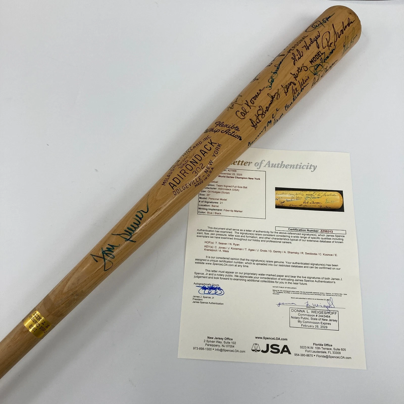 1969 New York Mets World Series Champs Team Signed Bat Nolan Ryan Tom Seaver JSA