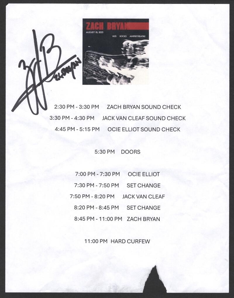 Zach Bryan Signed Autograph Red Rocks Concert Timing Schedule w/ Beckett COA