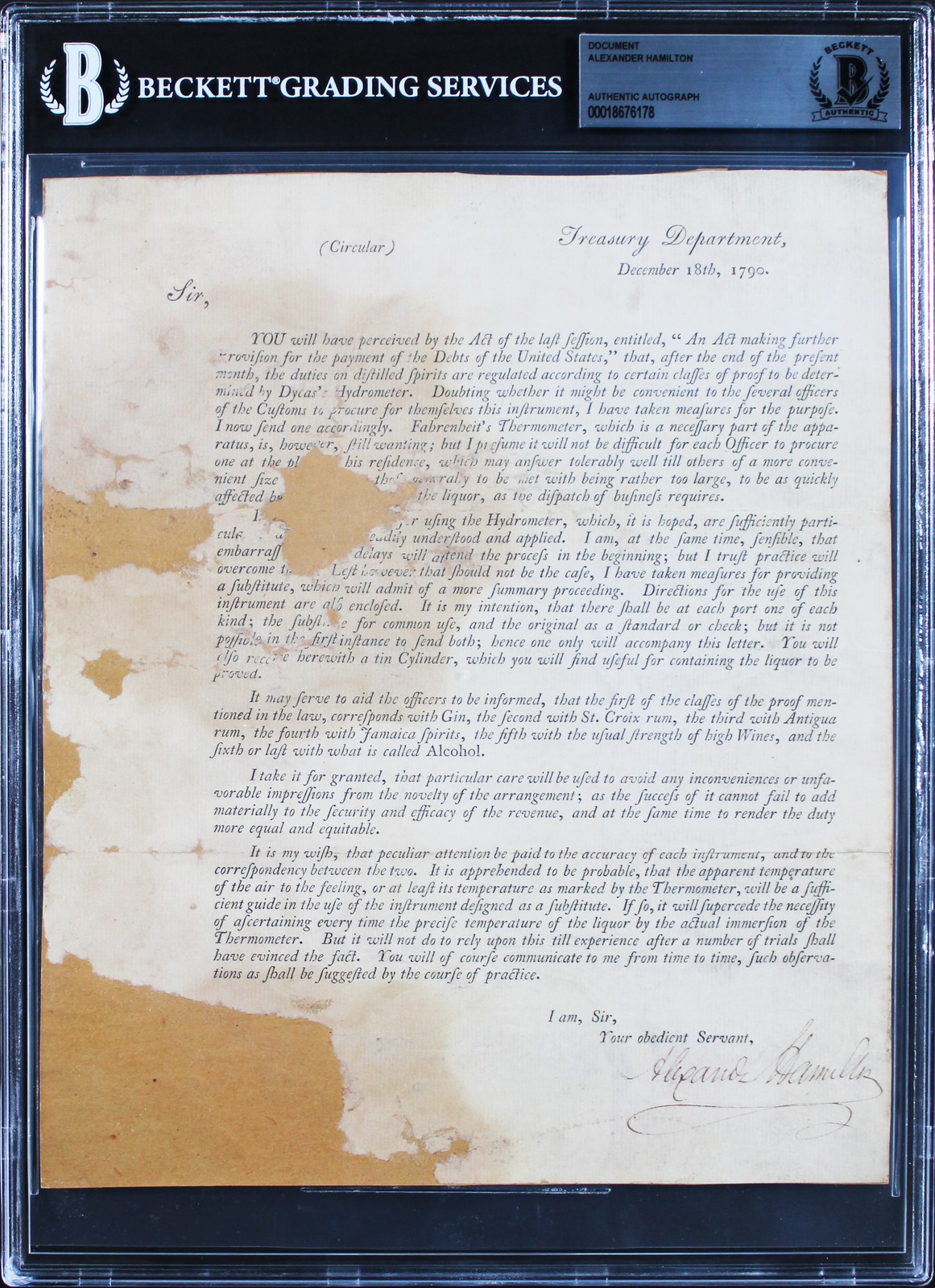 ALEXANDER HAMILTON AUTHENTIC SIGNED 8×9.75 1790 US TREASURY BROADSIDE BAS SLAB COLLECTIBLE MEMORABILIA