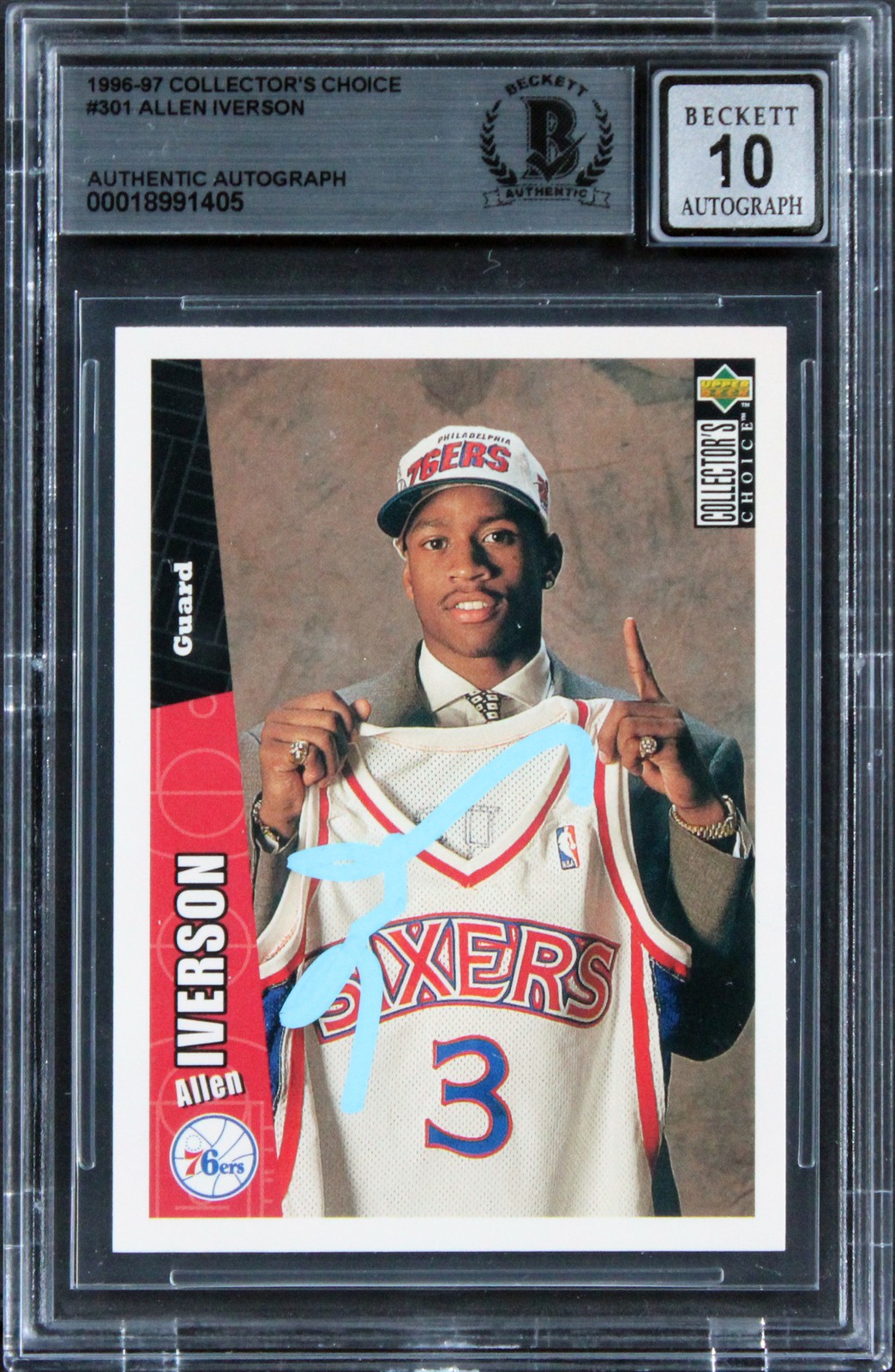 76ERS ALLEN IVERSON SIGNED 1996 COLLECTORS CHOICE #301 RC CARD AUTO 10! BAS SLAB COLLECTIBLE MEMORABILIA