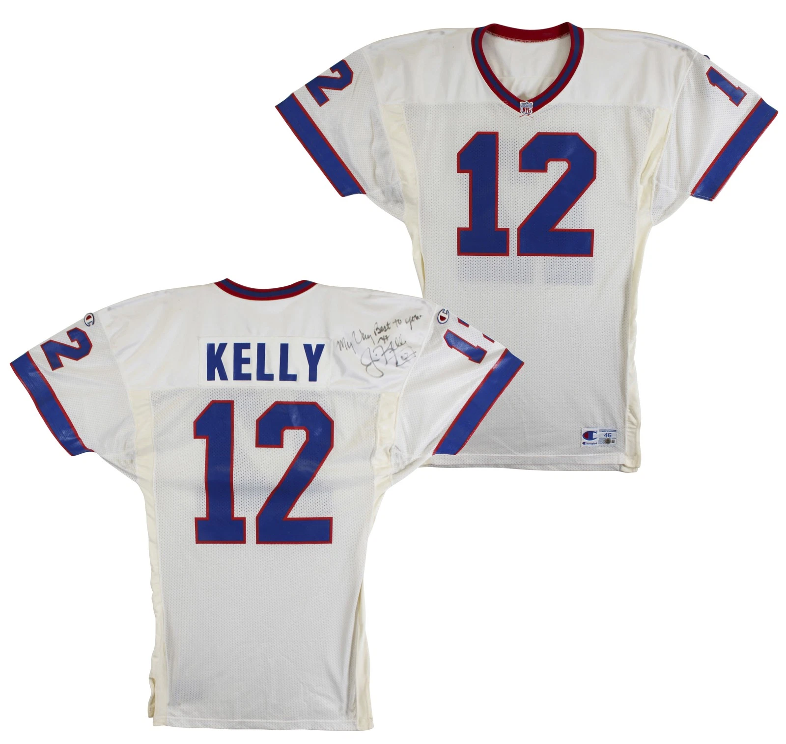 Bills Jim Kelly Signed Game Issued White Champion Size 46 Jersey BAS #BU55014