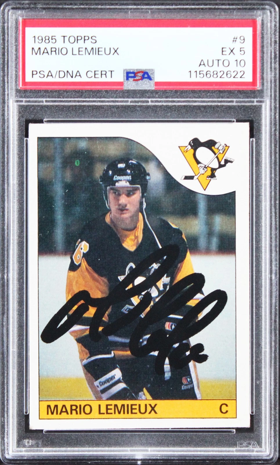 Penguins Mario Lemieux Signed 1985 Topps #9 RC Card Ex 5 Auto 10! PSA/DNA Slab