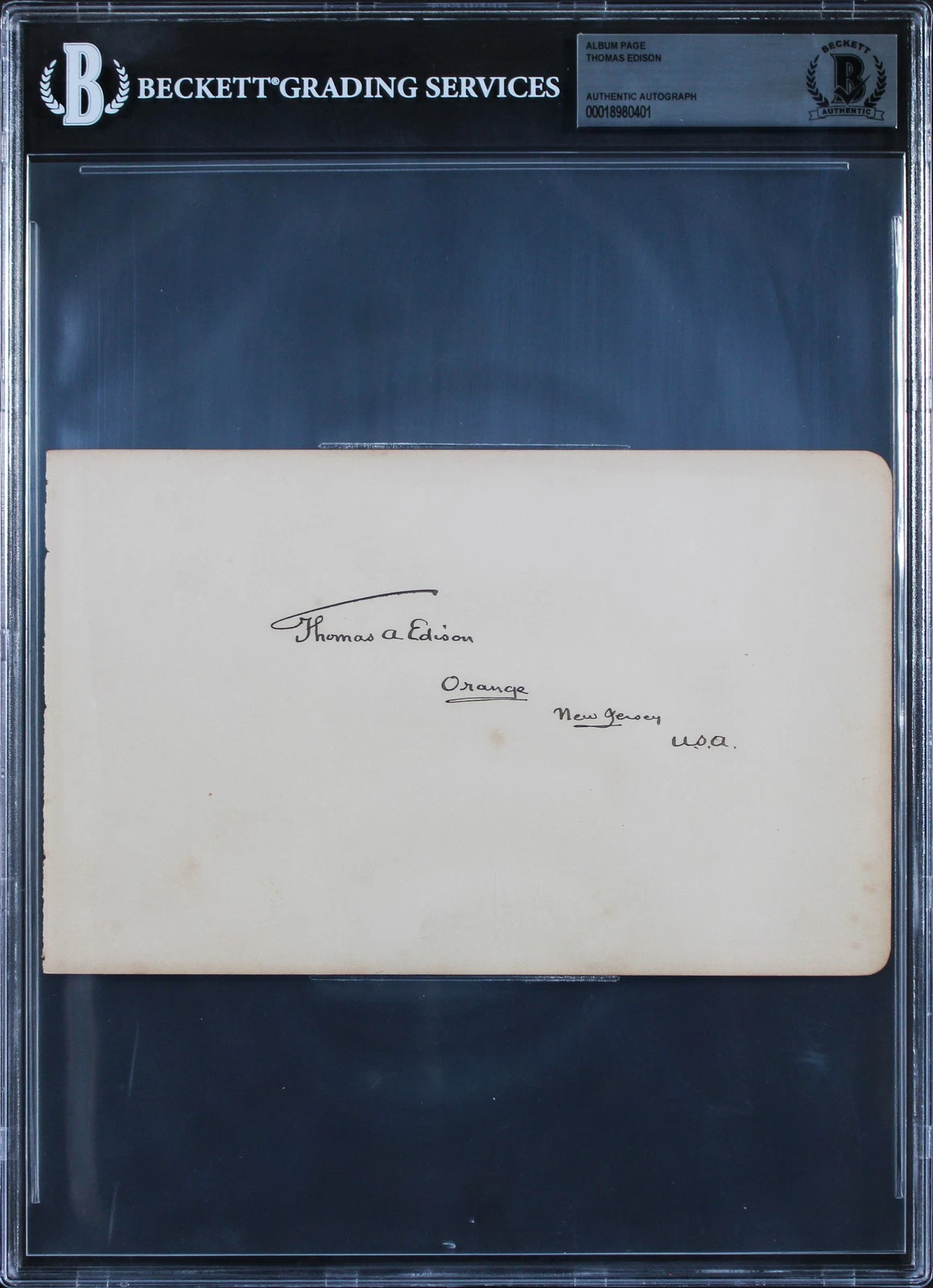 THOMAS EDISON “ORANGE NEW JERSEY U.S.A.” SIGNED 5×8 ALBUM PAGE BAS SLABBED COLLECTIBLE MEMORABILIA