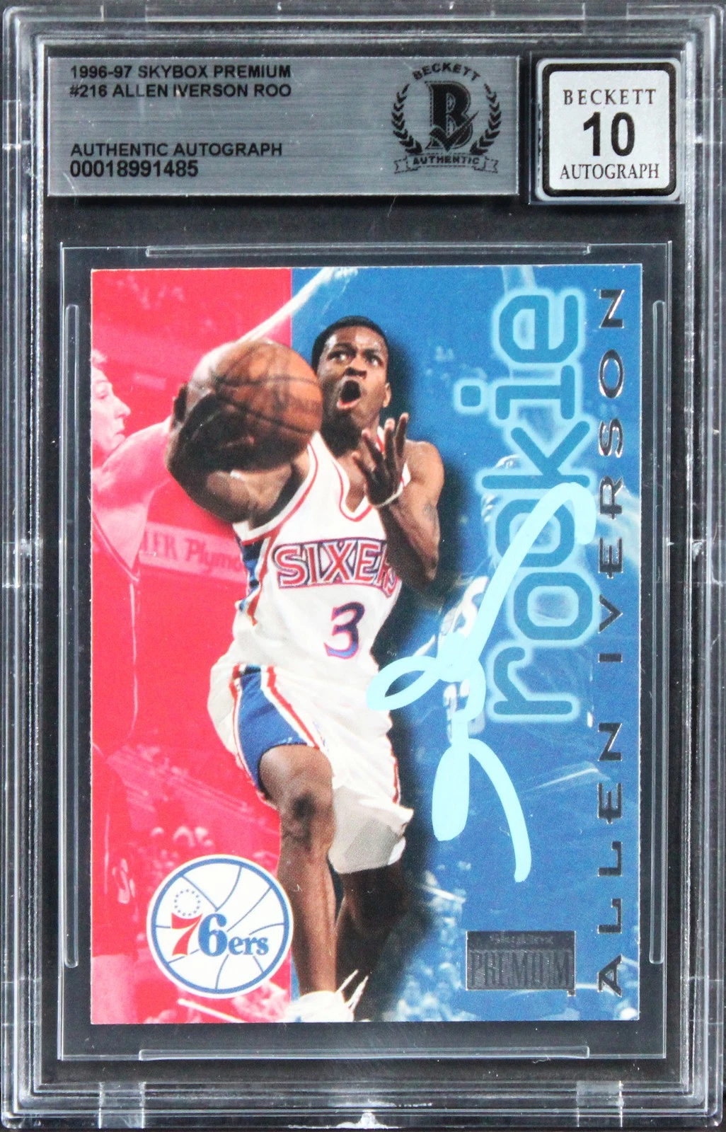 76ERS ALLEN IVERSON SIGNED 1996 SKYBOX PREMIUM #218 RC CARD AUTO 10! BAS SLABBED COLLECTIBLE MEMORABILIA