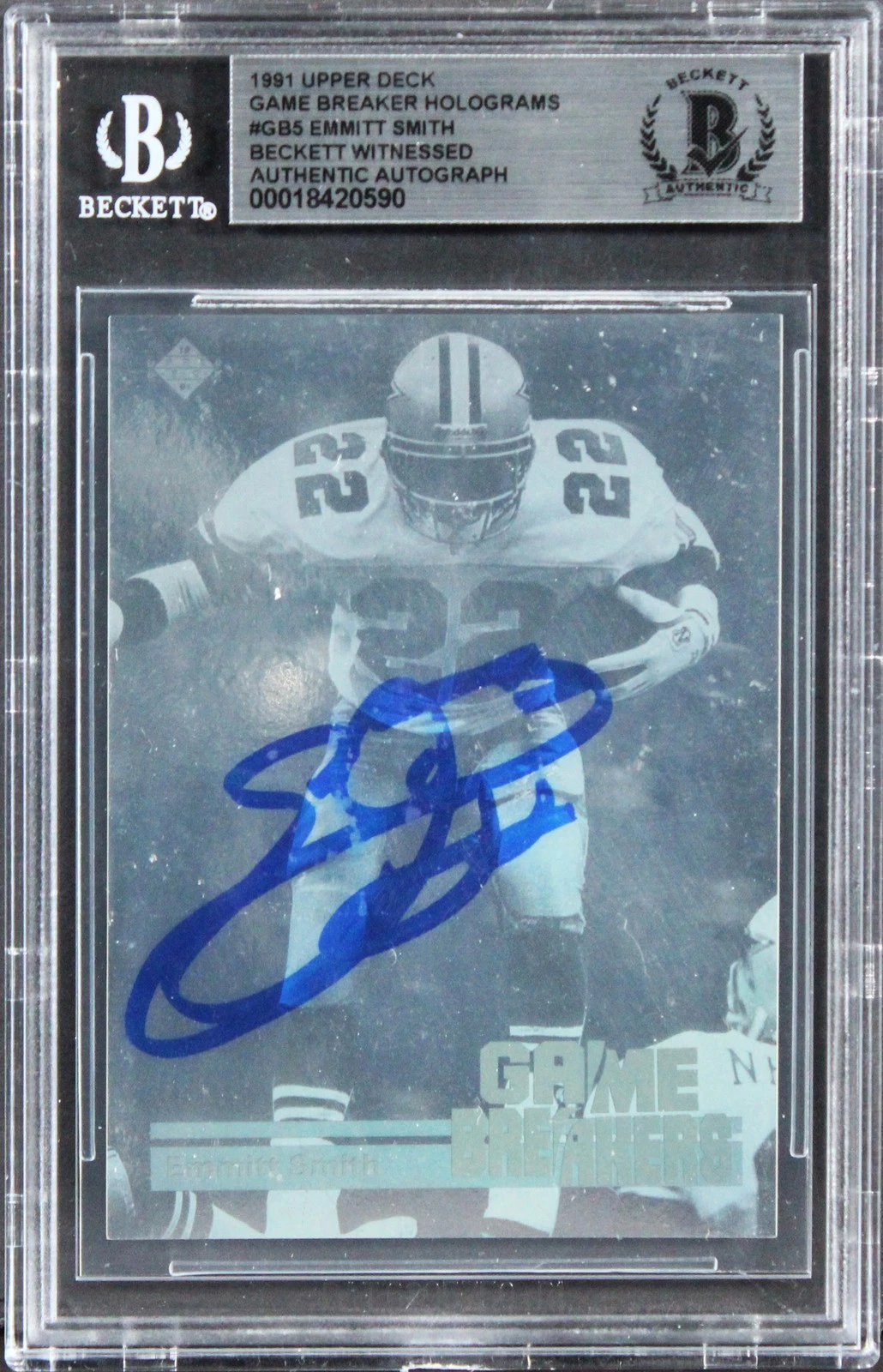 Cowboys Emmitt Smith Signed 1991 Upper Deck Game Breaker Holo #GB5 Card BAS Slab