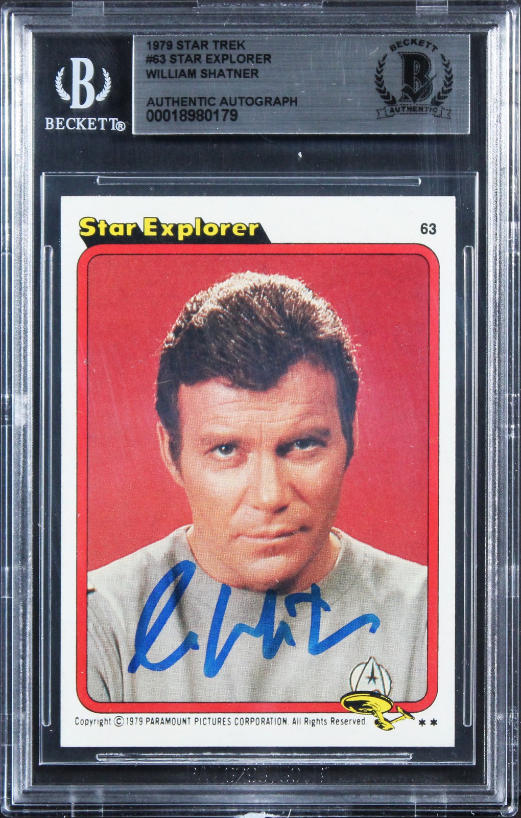 WILLIAM SHATNER AUTHENTIC SIGNED 1979 STAR TREK #63 EXPLORER CARD BAS SLABBED COLLECTIBLE MEMORABILIA
