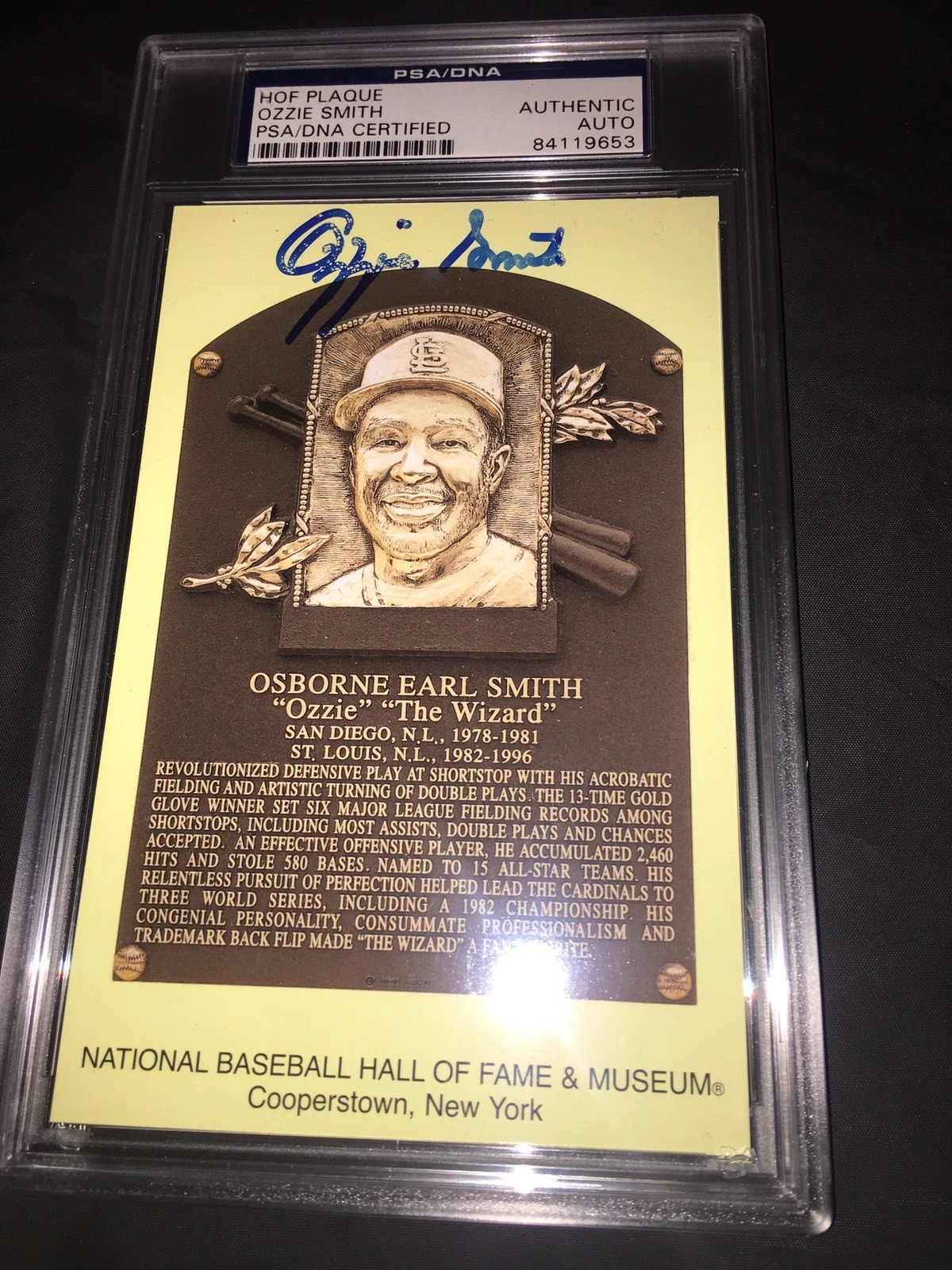 Ozzie Smith Signed Official Baseball HOF Plaque Postcard PSA/DNA Slab Cardinals
