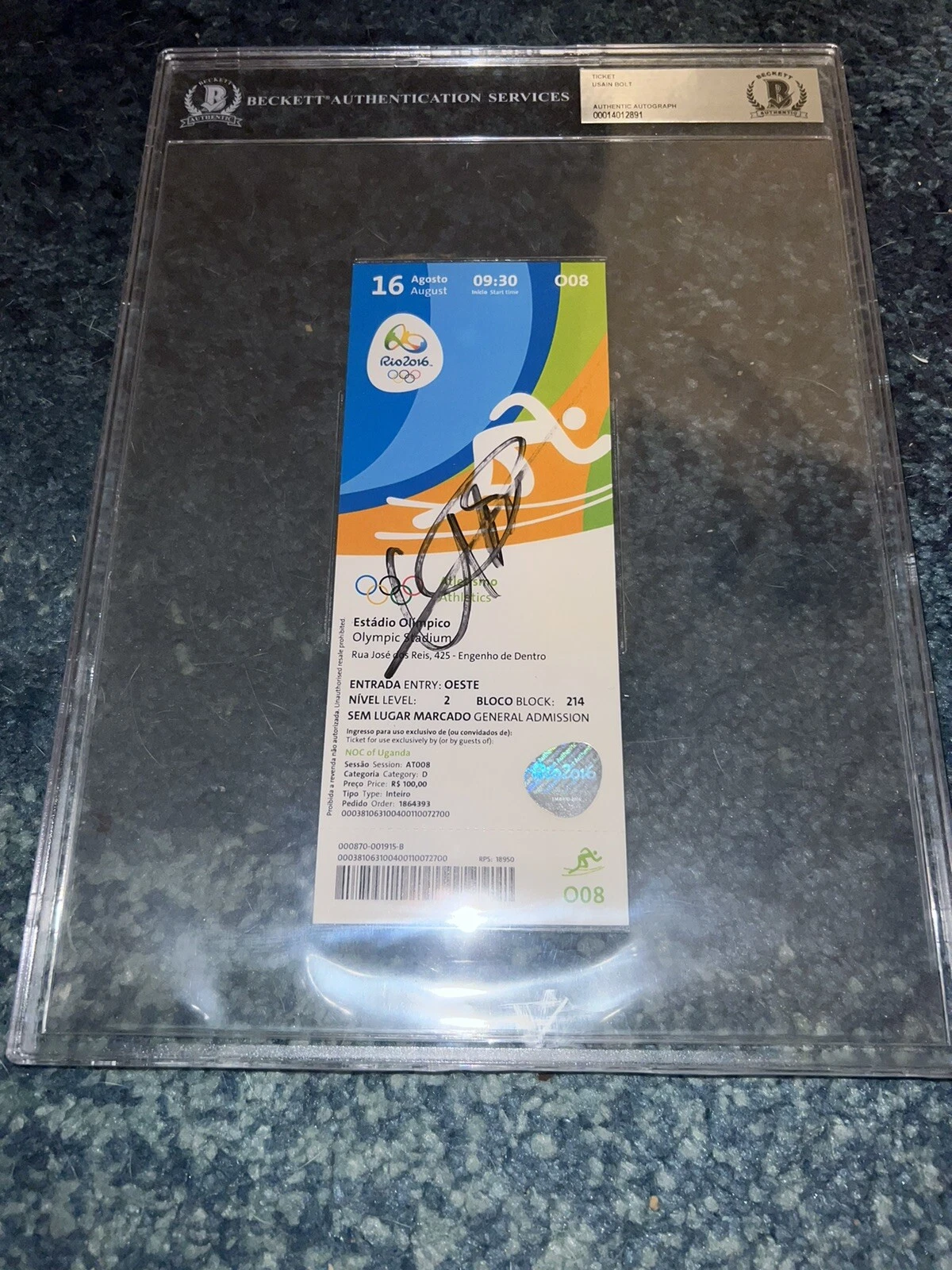 Usain Bolt Signed Official Rio 2016 Olympic Ticket Gold Medal Beckett Slab #5