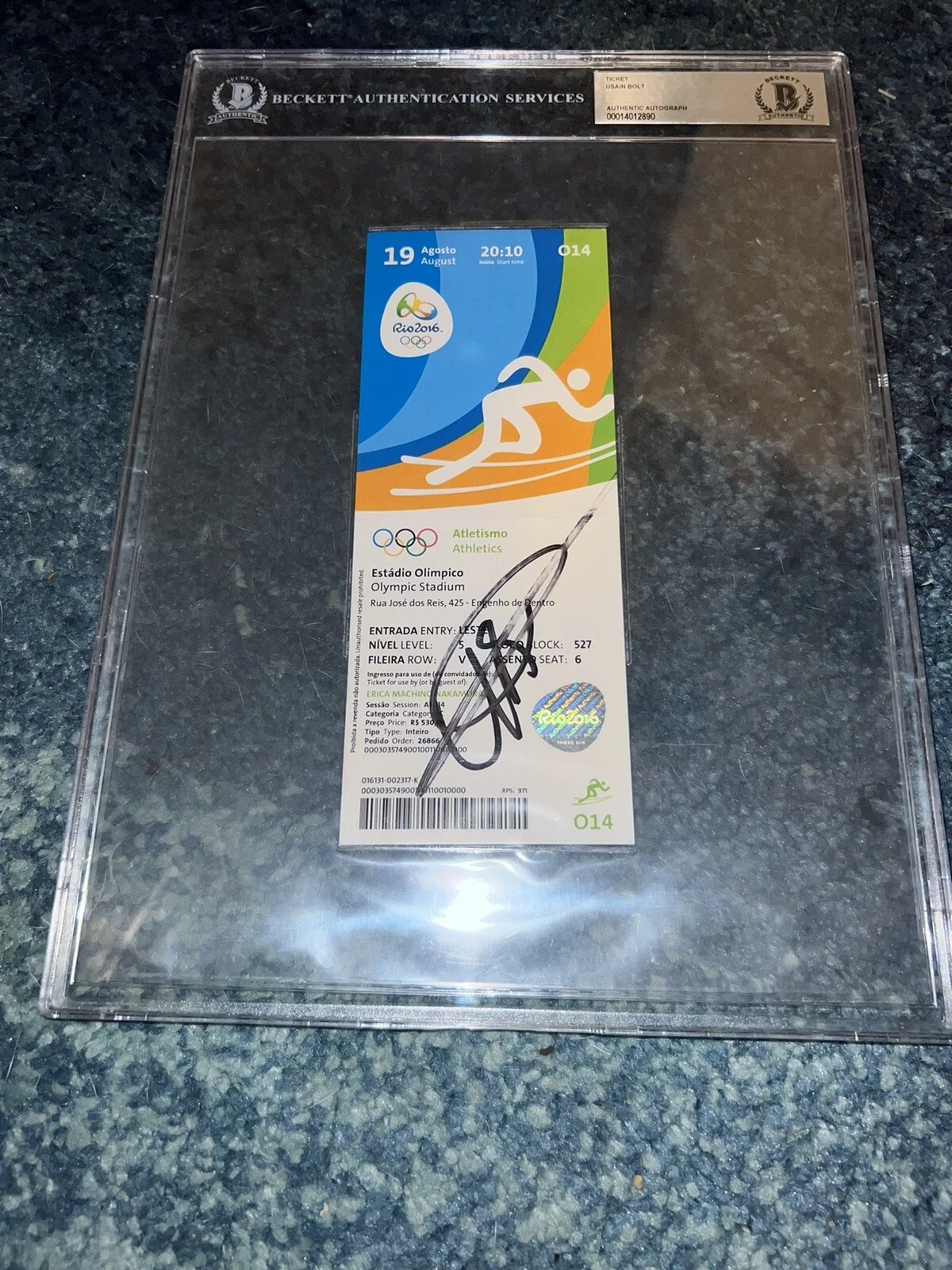 Usain Bolt Signed Official Rio 2016 Olympic Ticket Gold Medal Beckett Slab #7