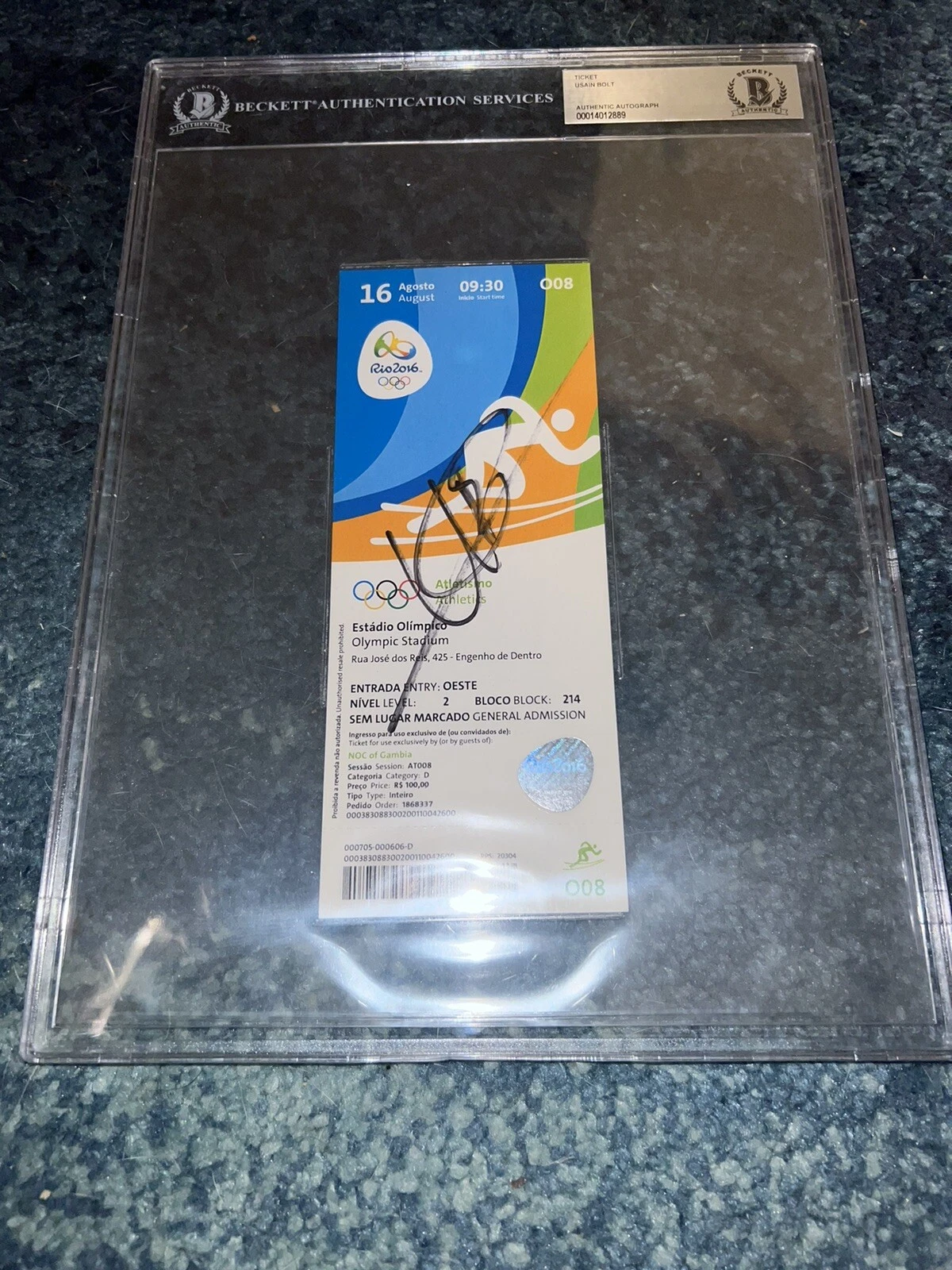 Usain Bolt Signed Official Rio 2016 Olympic Ticket Gold Medal Beckett Slab #8