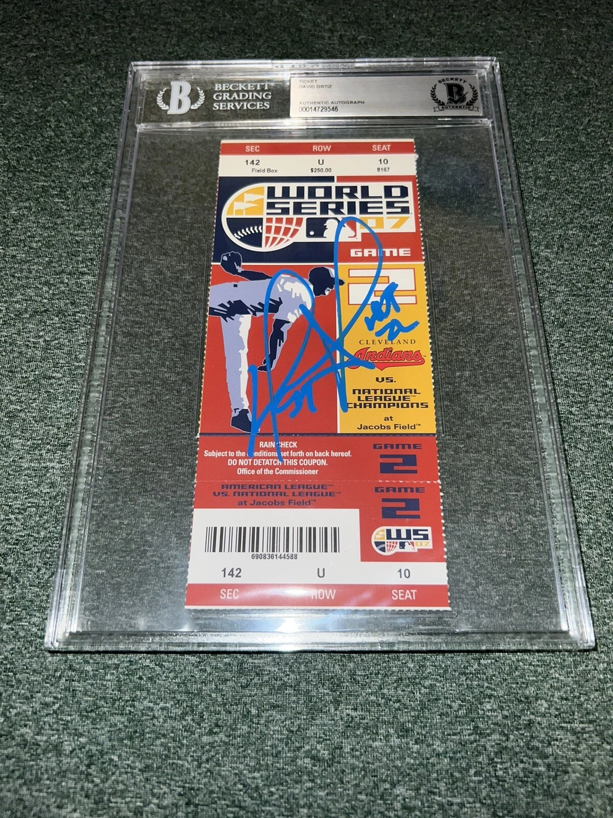 DAVID ORTIZ SIGNED OFFICIAL 2007 WORLD SERIES TICKET “BIG PAPI” HOF BECKETT SLAB COLLECTIBLE MEMORABILIA