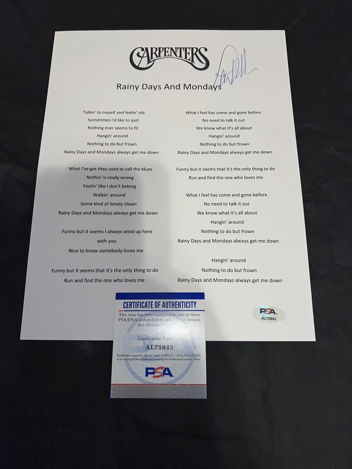 Paul Williams Signed “Rainy Days And Mondays” Lyric Sheet Songwriter PSA/DNA