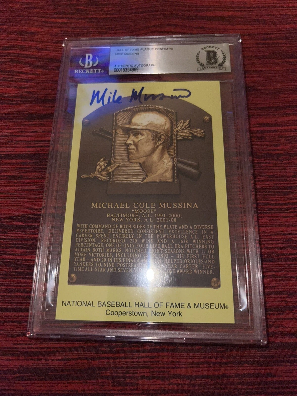 Mike Mussina Signed Official Baseball HOF Plaque Postcard New York Yankees BAS
