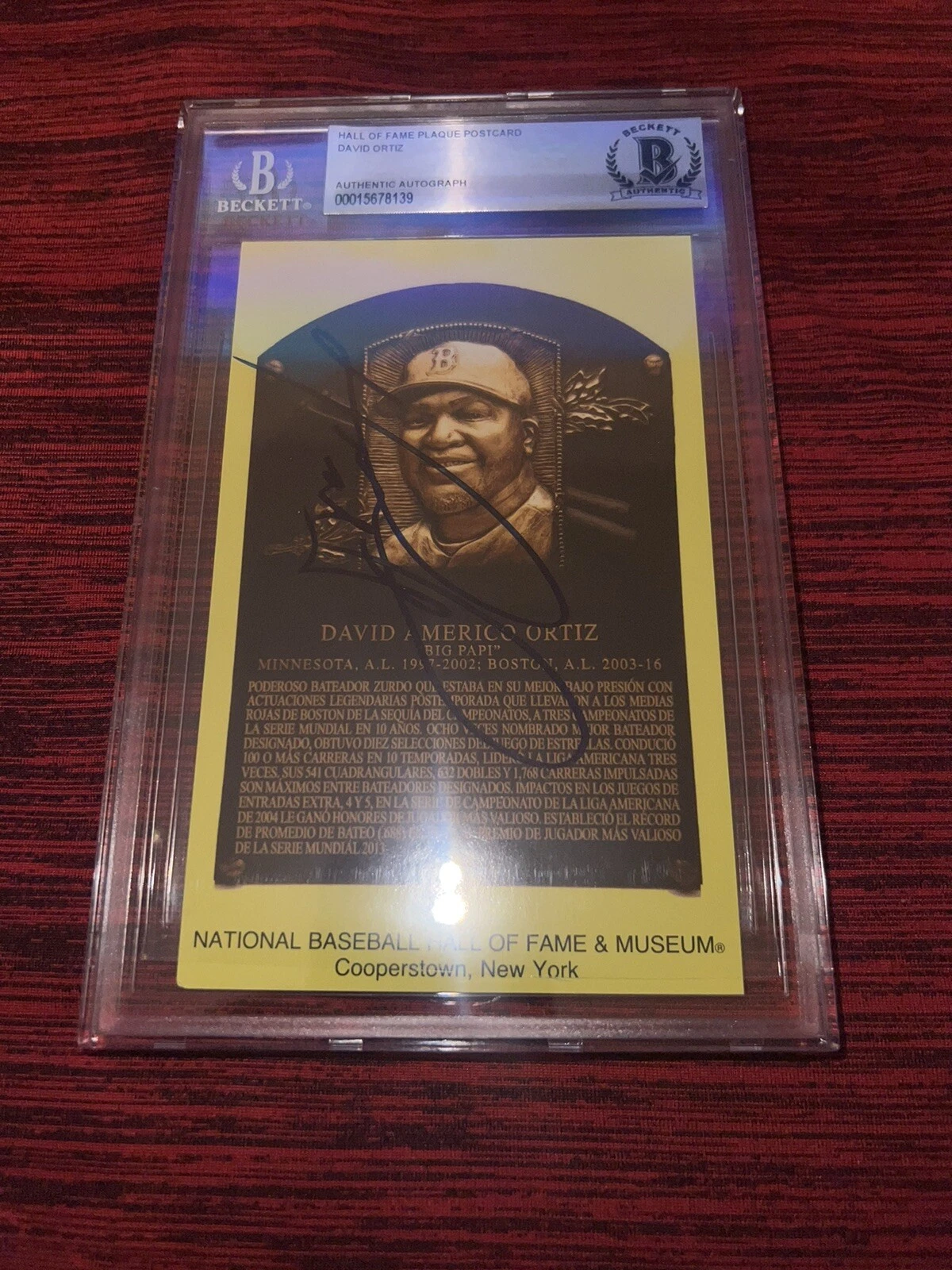 David Ortiz Signed Official Baseball HOF Plaque Postcard Boston Red Sox BAS #2