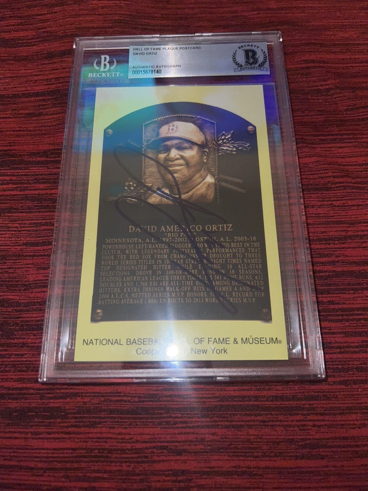 David Ortiz Signed Official Baseball HOF Plaque Postcard Boston Red Sox BAS #3