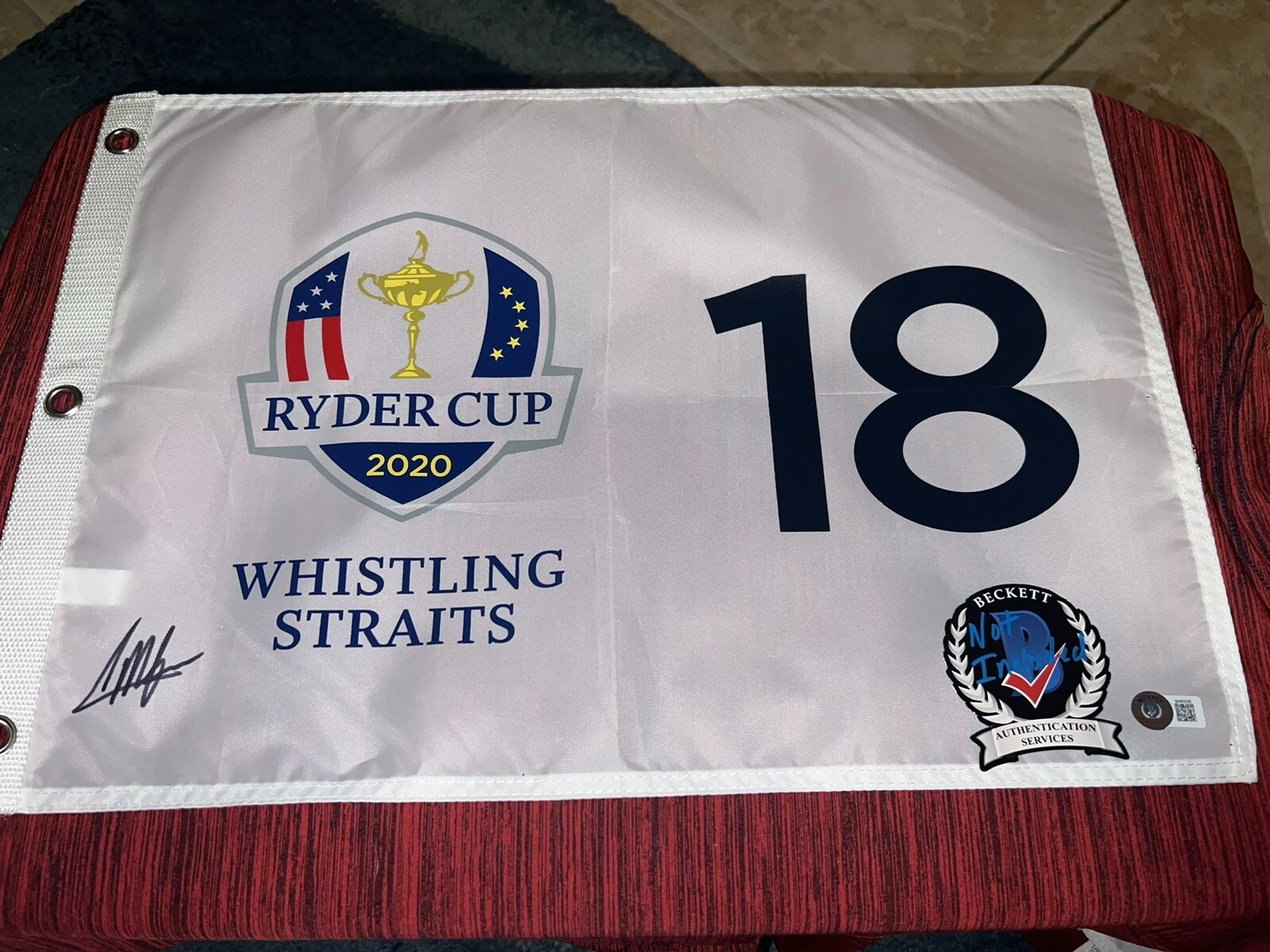 Collin Morikawa Signed Official 2020 Ryder Cup Flag Whistling Straits Beckett