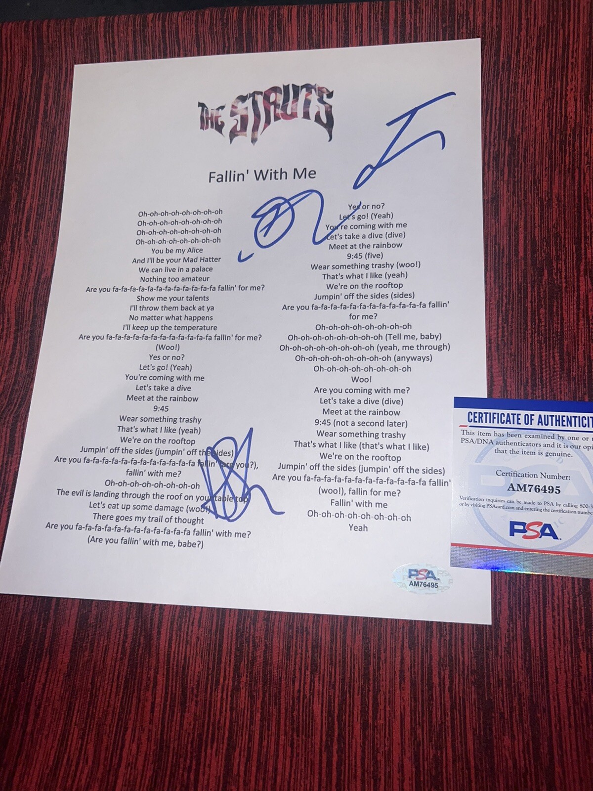 The Struts Signed Lyric Sheet Adam, Gethin & Jed “Fallin’ With Me” PSA/DNA