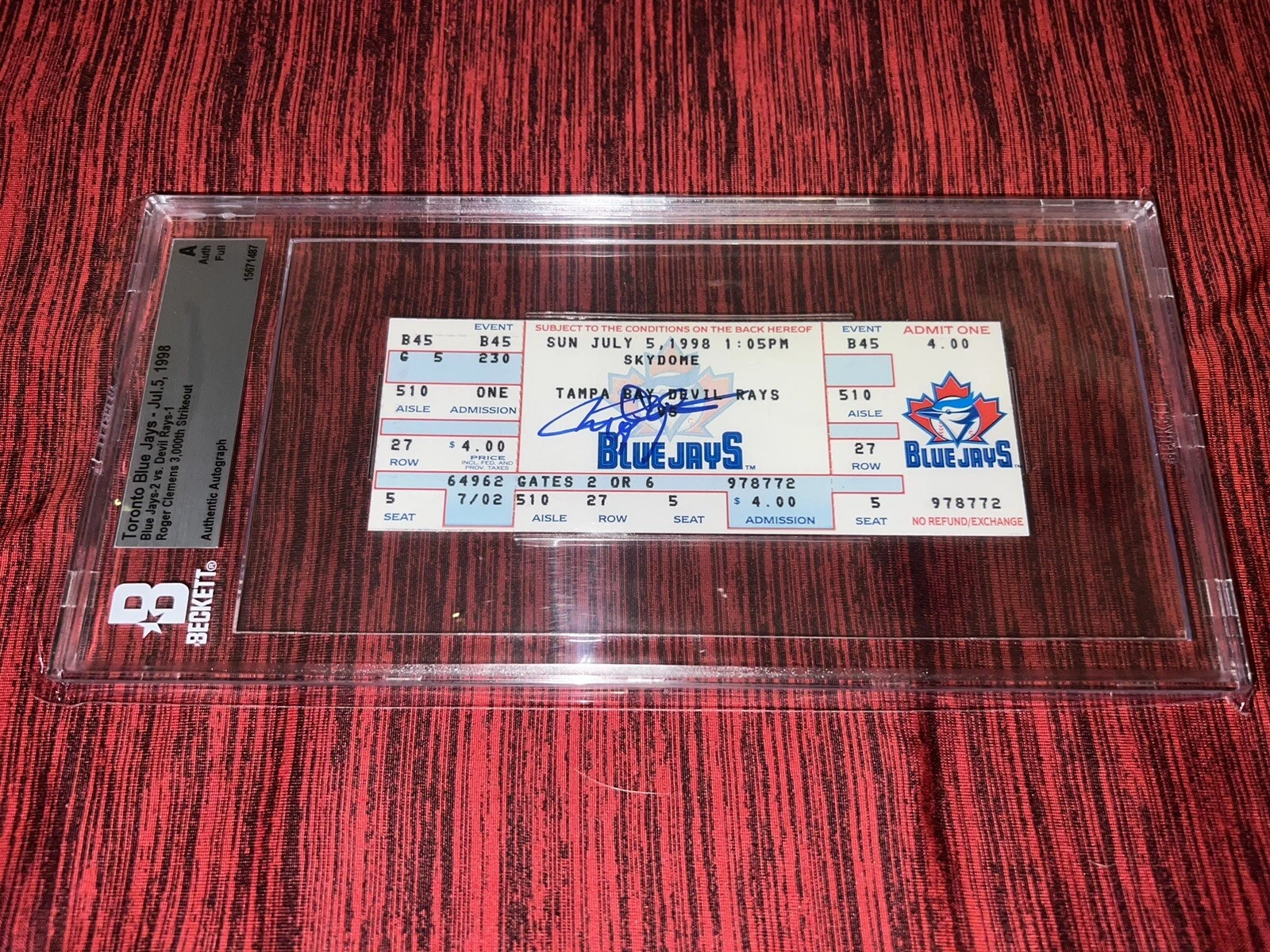 Roger Clemens Signed 3,000 Strikeout Ticket 7/5/98 Toronto Blue Jays Beckett #2