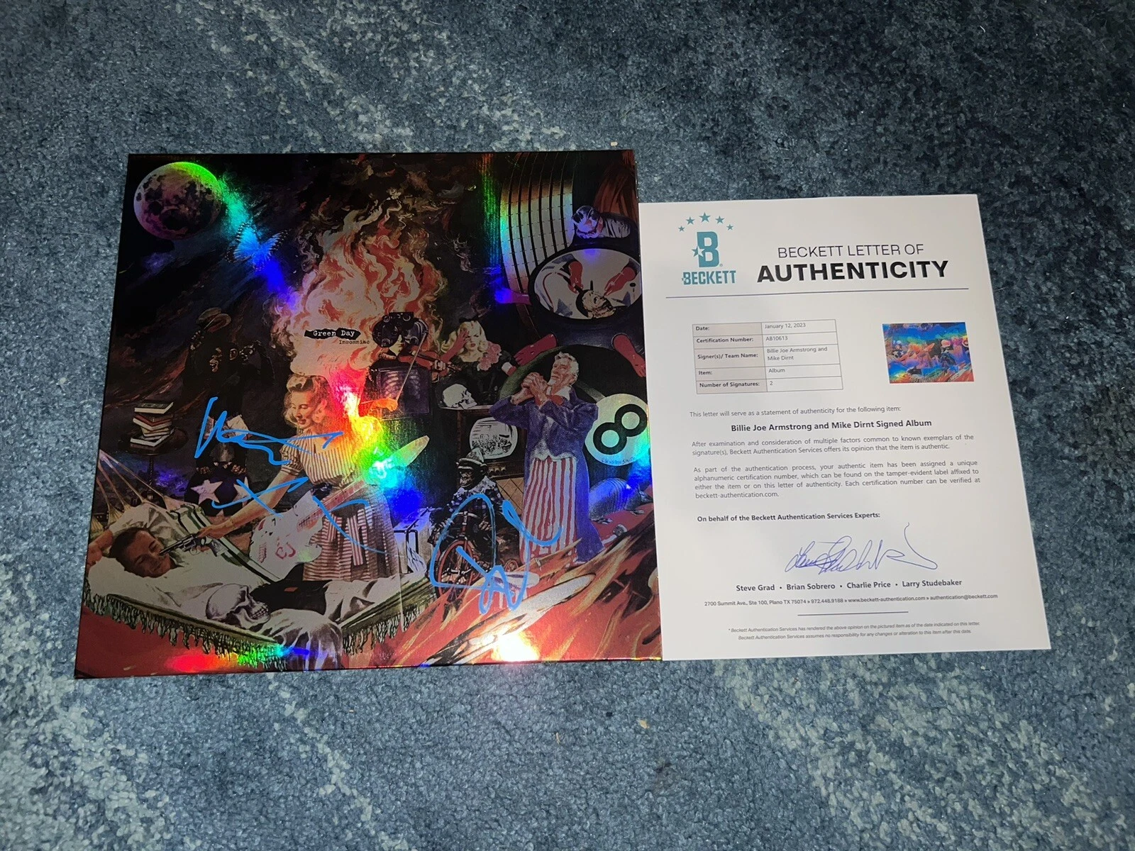 Billie Joe Armstrong & Mike Dirnt Signed Insomniac Vinyl Album Green Day BAS