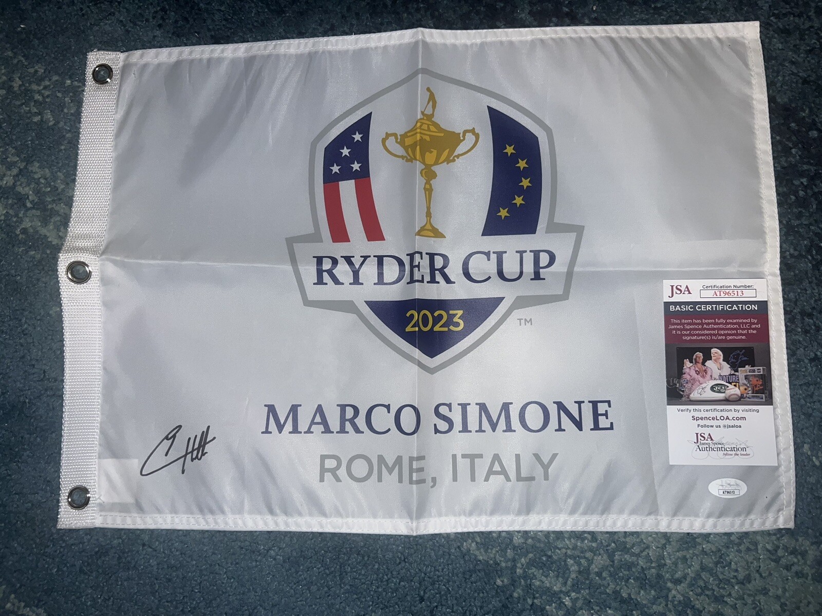 Tyrrell Hatton Signed Official 2023 Ryder Cup Flag Marco Simone Champs JSA Auth