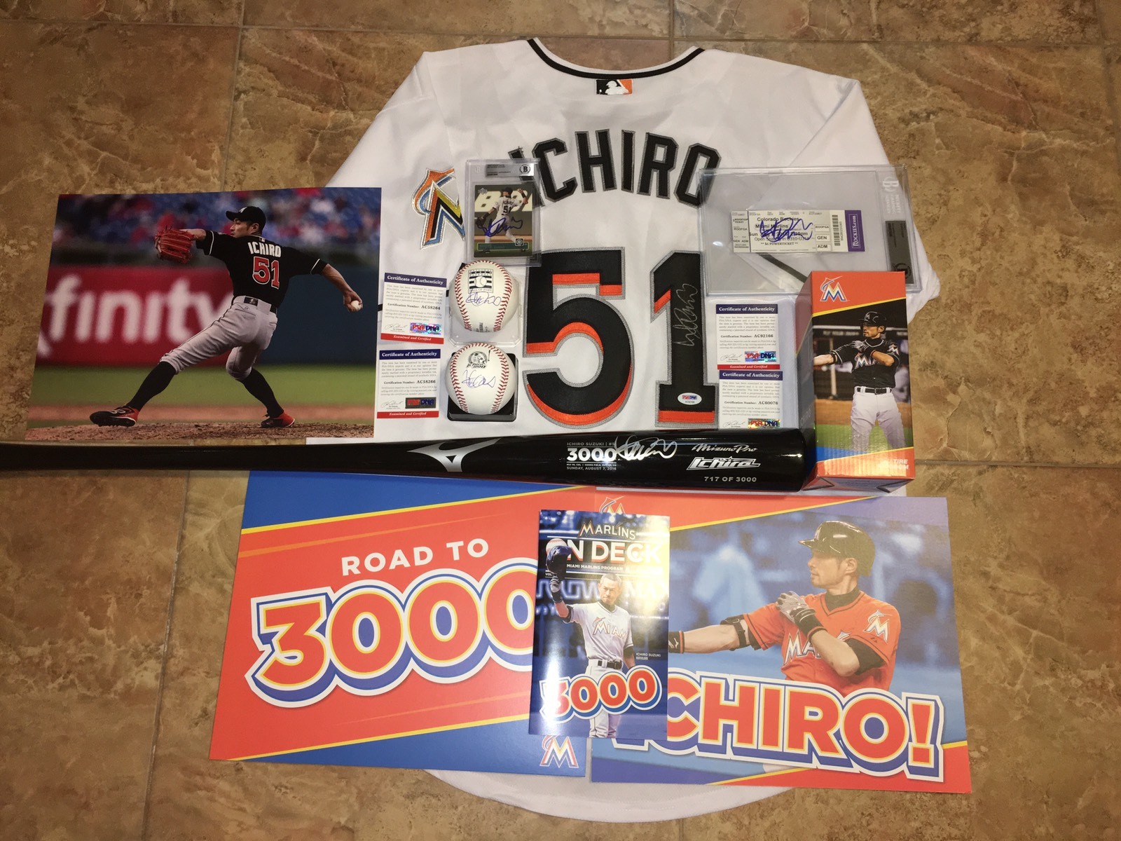 Ichiro Suzuki Signed 3,000 Hit Package Bat, HOF Ball, 3000 Hit Ball Jersey PSA