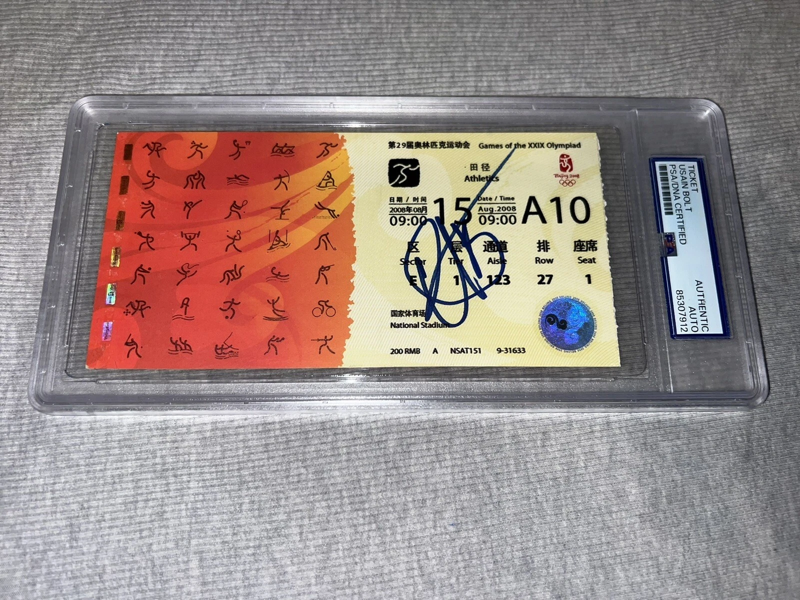 Usain Bolt Signed Official 2008 Beijing Olympics Ticket 3x Gold Jamaica PSA/DNA