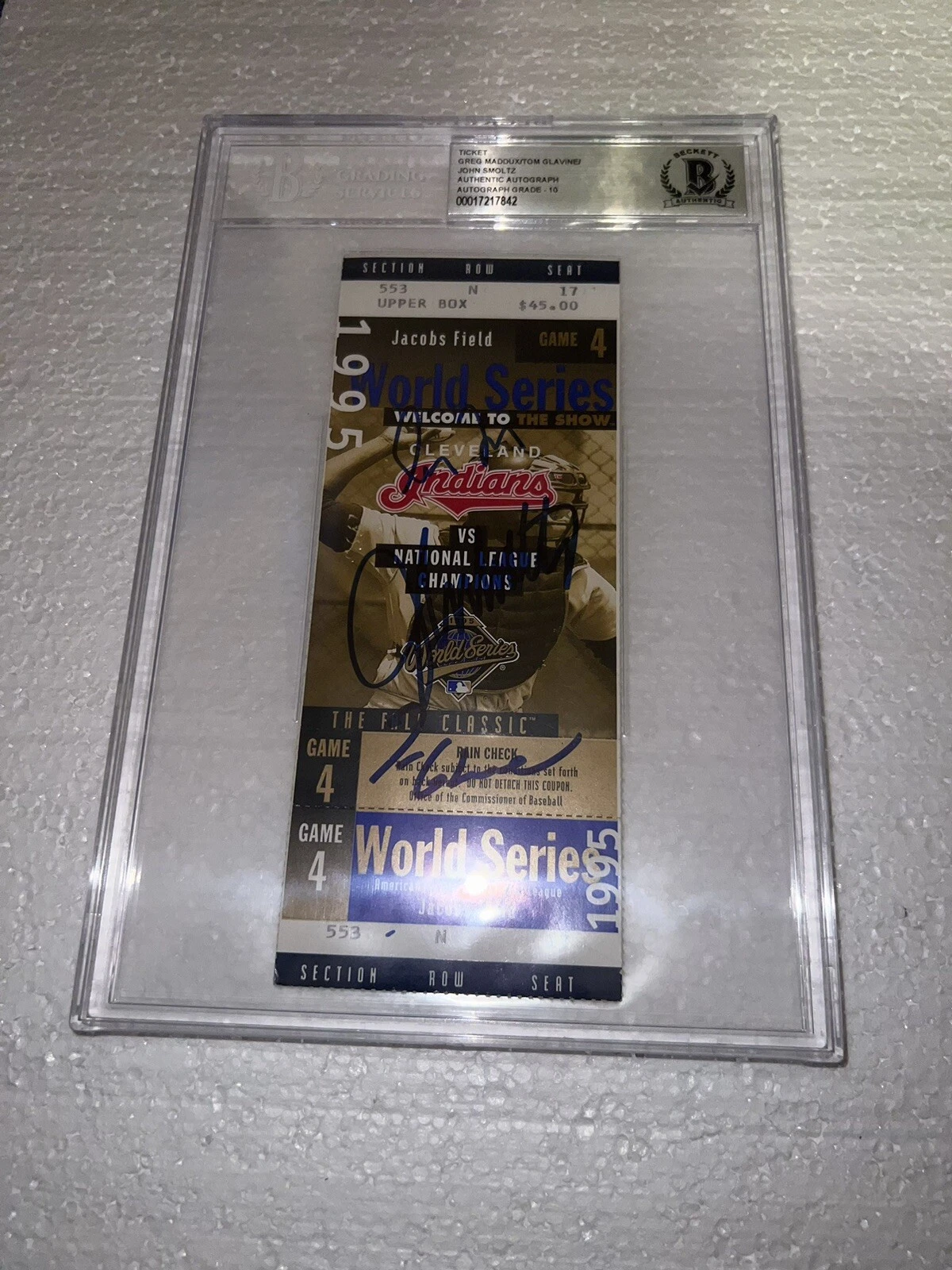 Greg Maddux, Smoltz & Glavine Signed 1995 WS Game 4 Ticket Beckett Auto 10
