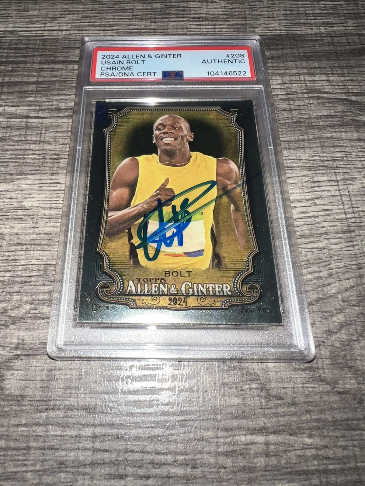 Usain Bolt Signed 2024 Allen & Ginter Chrome Trading Card #208 Gold Medal PSA