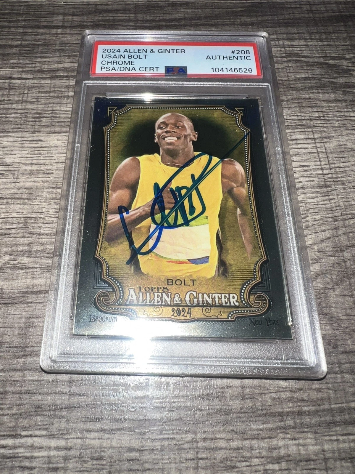 Usain Bolt Signed 2024 Allen & Ginter Chrome Trading Card #208 Gold Medal PSA #2