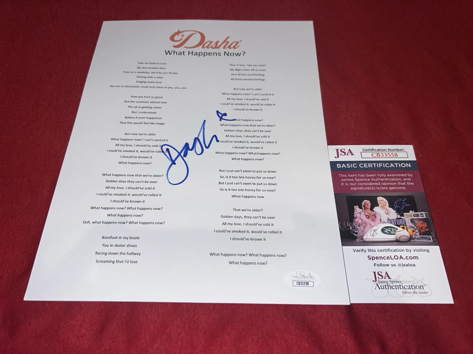 Dasha signed “What Happens Now?” Lyric Sheet Country Music Star JSA #2