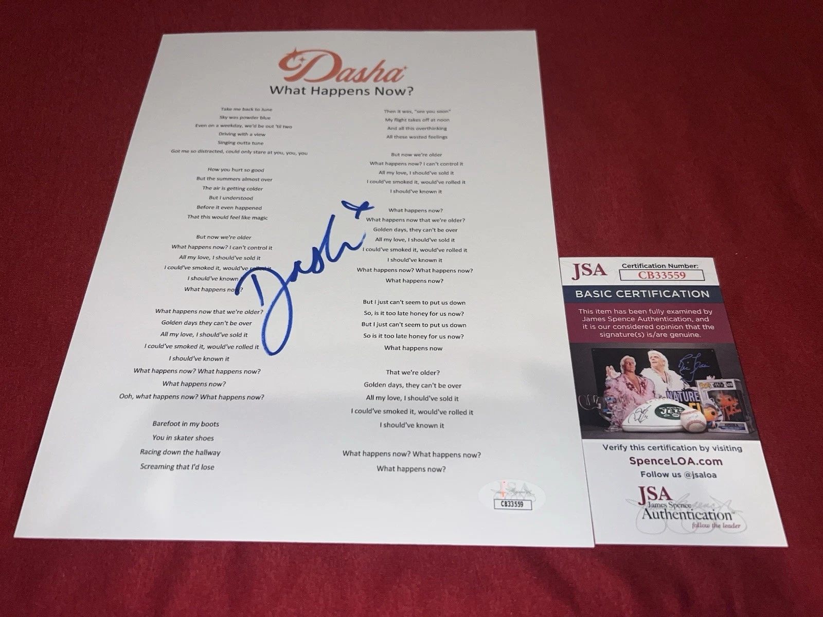 Dasha signed “What Happens Now?” Lyric Sheet Country Music Star JSA
