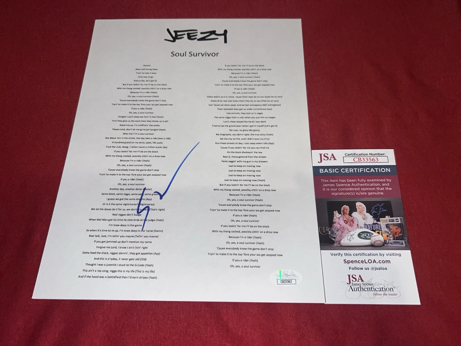 Jeezy signed “Soul Survivor” Lyric Sheet Rap Music SuperStar JSA