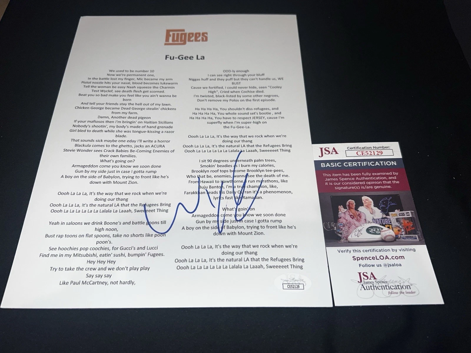 Wyclef Jean signed “Fu-Gee La” Lyric Sheet Music SuperStar Fugees JSA