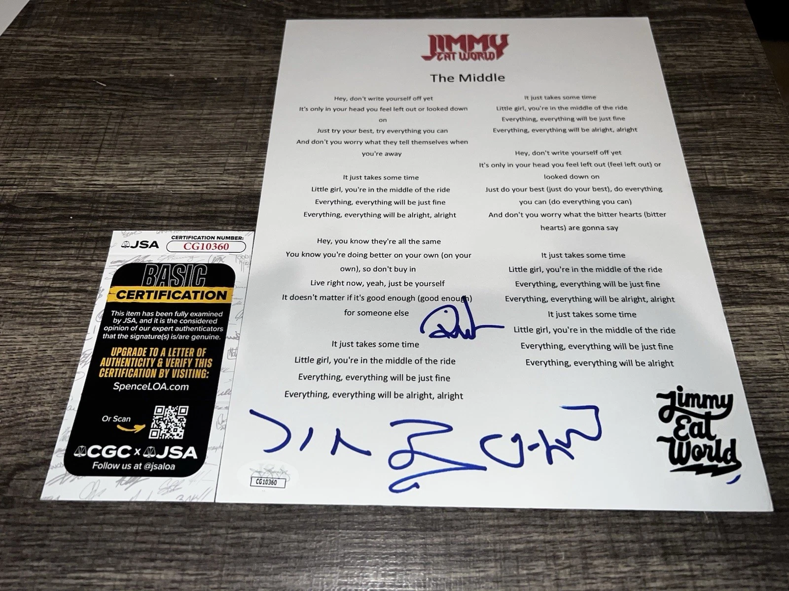 Jimmy Eat World Signed Lyric Sheet The Middle Jim, Zach, Tom & Rick JSA Auth
