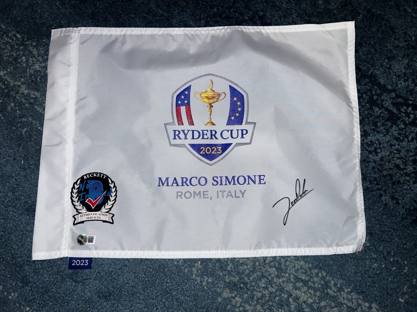 Jon Rahm Signed Official 2023 Ryder Cup Flag Marco Simone Champ Beckett