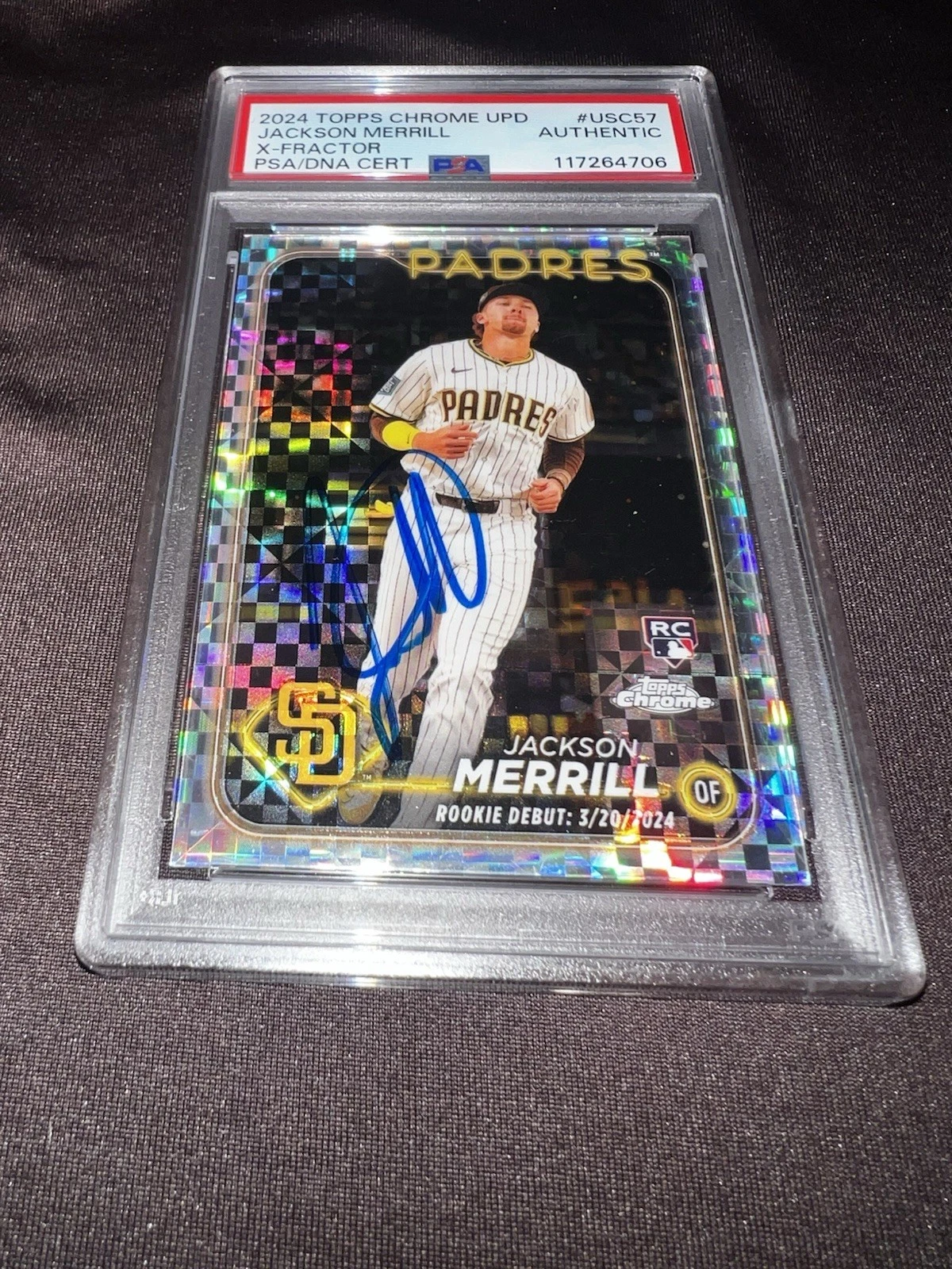 Jackson Merrill Signed 2024 Topps Chrome Update X-Fractor Trading Card PSA/DNA