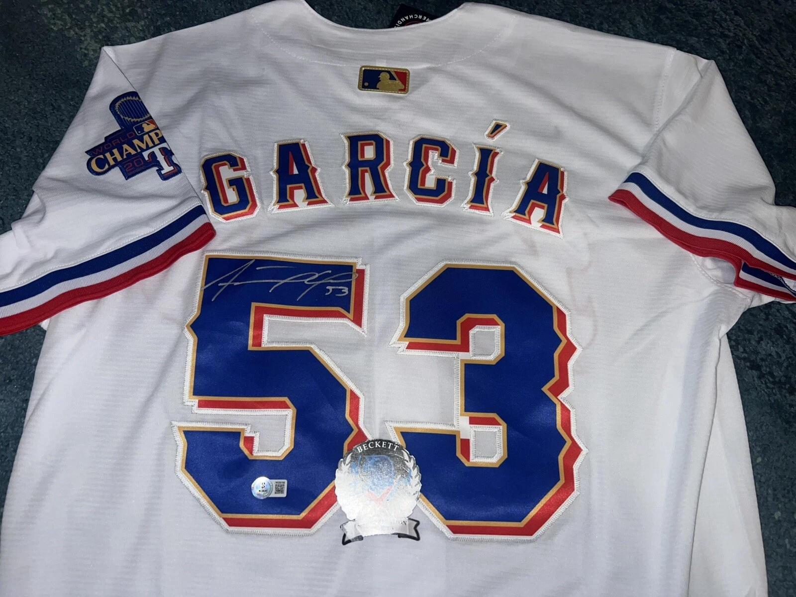 Adolis Garcia Signed Texas Rangers Jersey All Star 2023 WS Champs Beckett #3