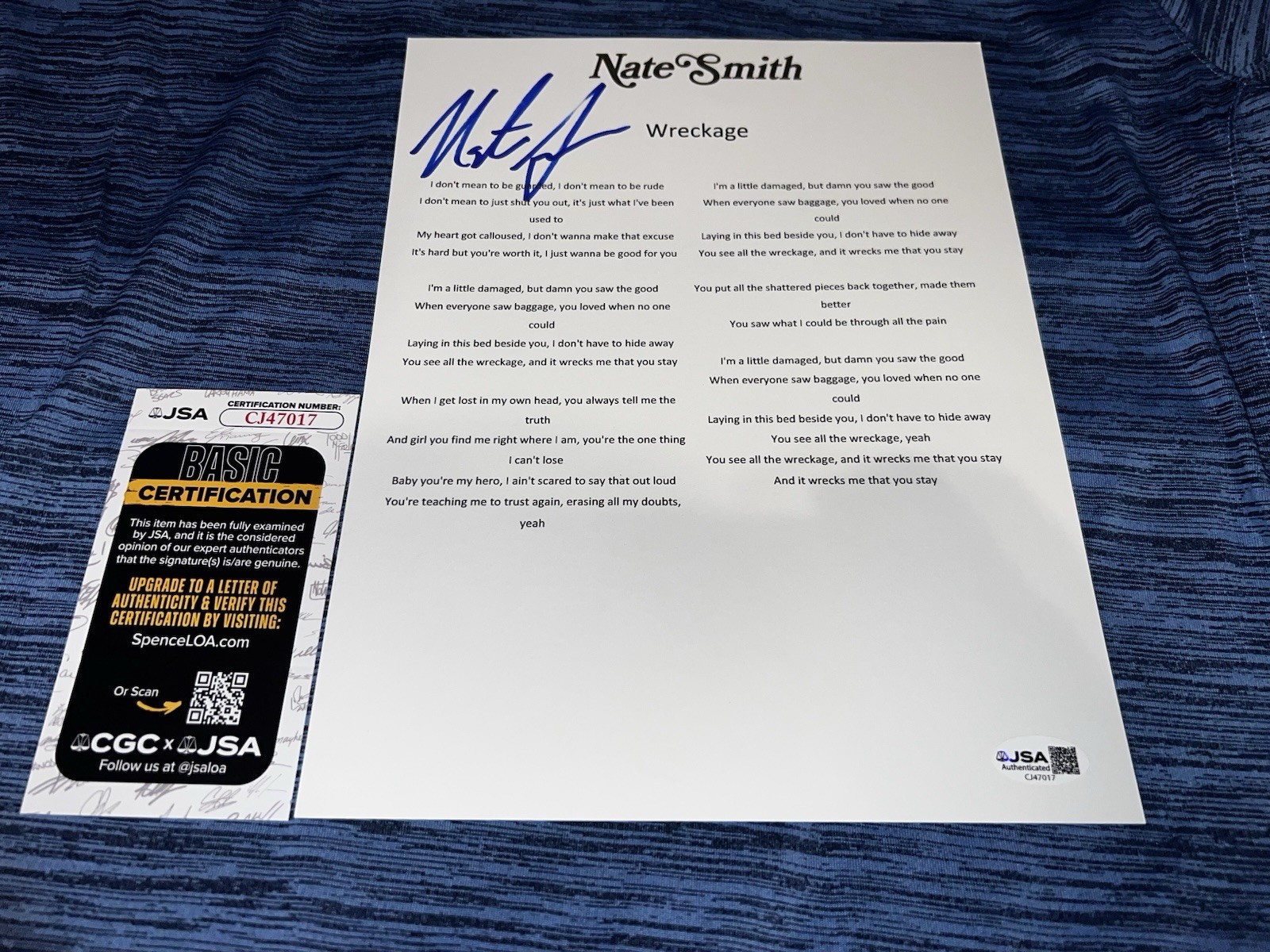 Nate Smith Signed Wreckage Lyric Sheet Country Music Legend JSA Auth